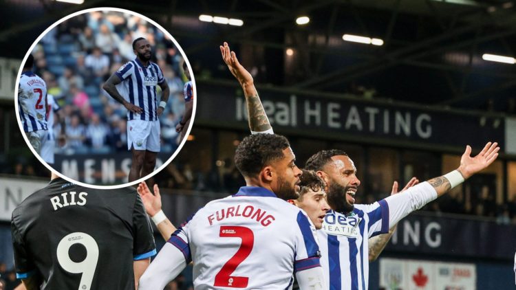 West Brom defender Kyle Bartley appeals for a foul, inset of Kyle Bartley looking dejected