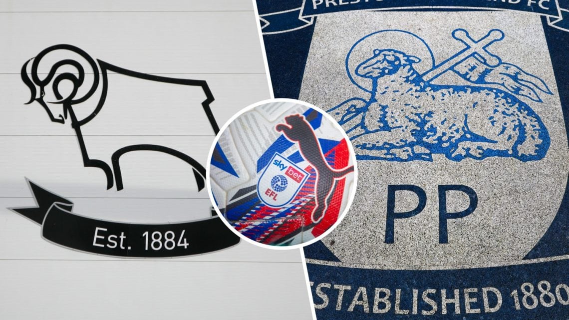 Split image of Derby County badge and Preston North End badge. Inset, Championship football.