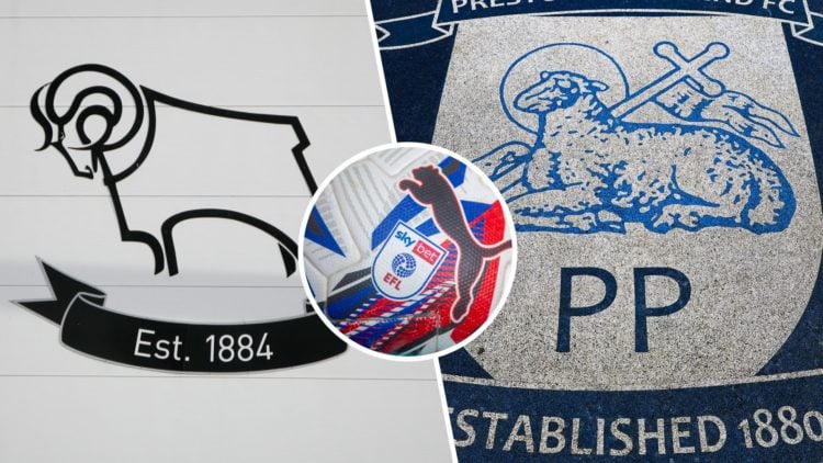 Split image of Derby County badge and Preston North End badge. Inset, Championship football.