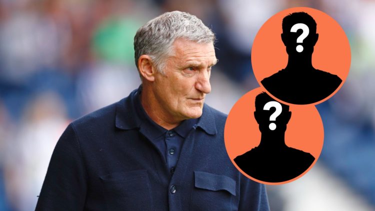 West Brom manager Tony Mowbray watches on during a game, inset of two mystery men