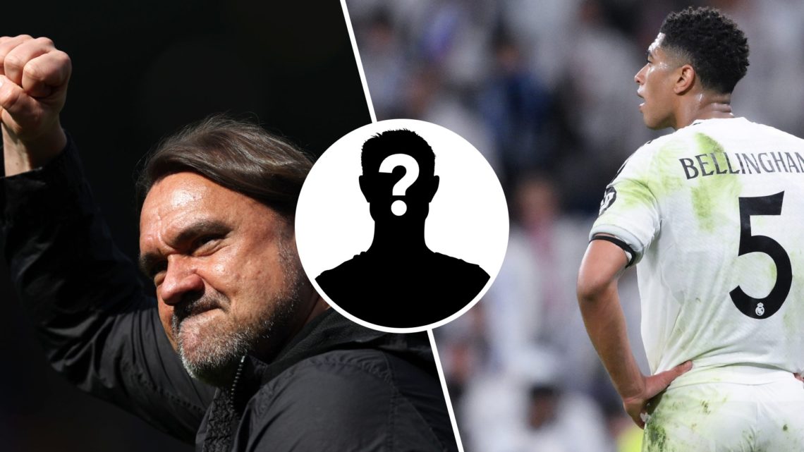 Leeds United manager Daniel Farke celebrating and Real Madrid midfielder Jude Bellingham looking on.