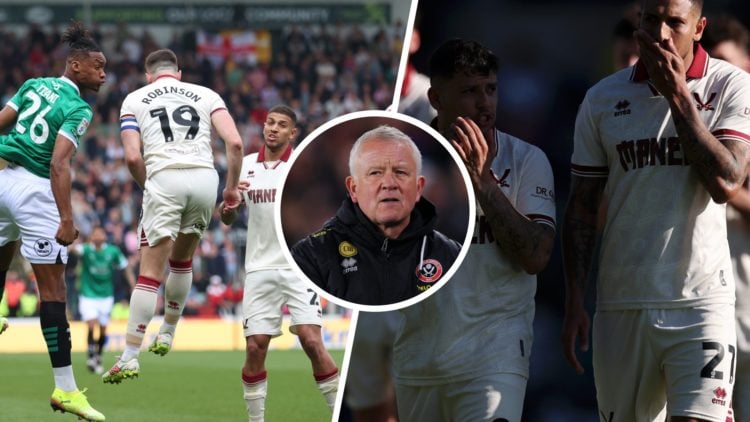 A Plymouth Argyle and Sheffield United player challenge for the ball, Chris Wilder looks dejected after a Sheffield United game, two Sheffield Unit...