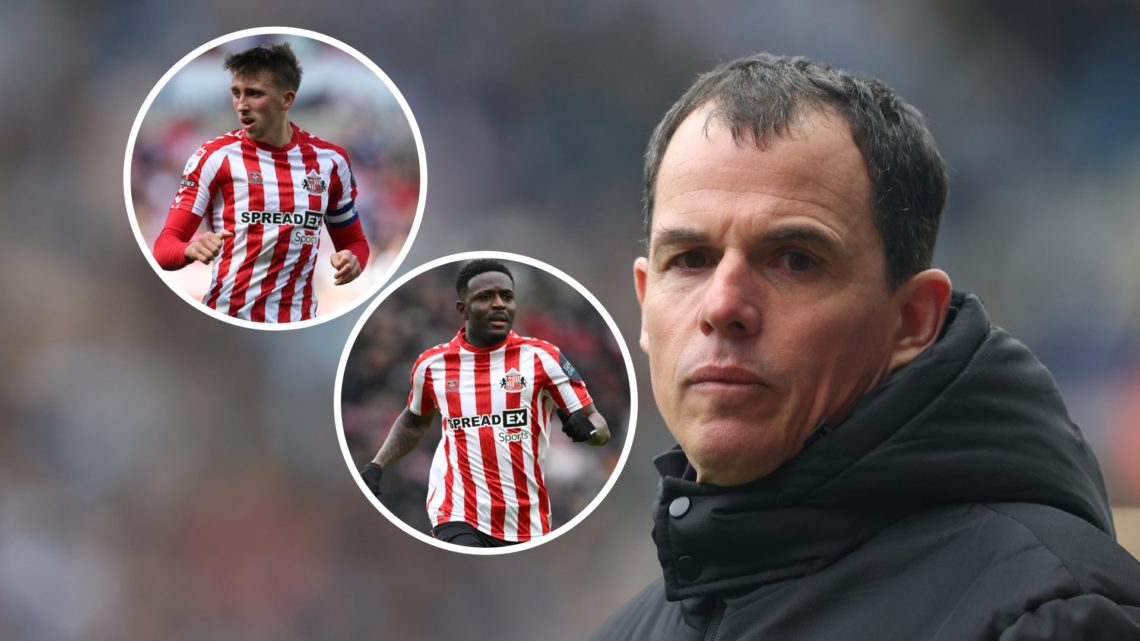 Sunderland head coach Regis Le Bris, and inset, Salis Abdul Samed and Dan Neil