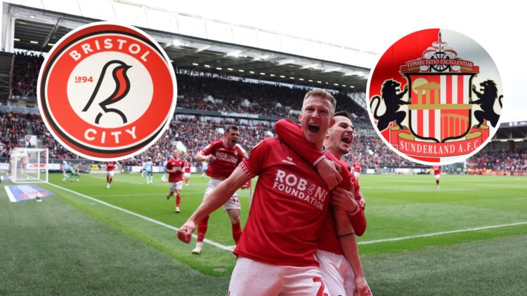 Sunderland versus Bristol City, and inset, badges of Bristol City and Sunderland