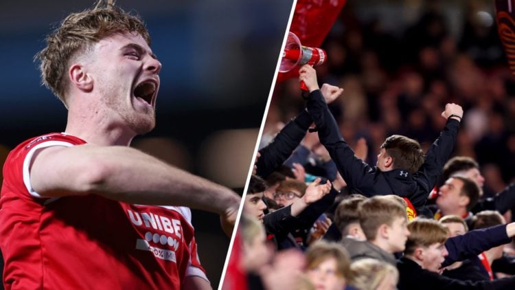 Middlesbrough striker Tommy Conway celebrating and Middlesbrough fans at the Riverside Stadium