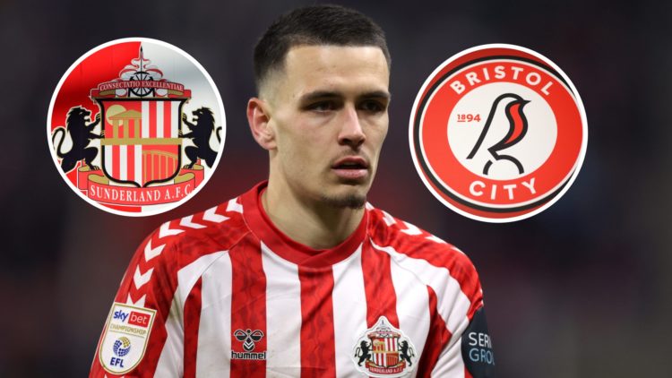 Sunderland midfielder Enzo Le Fee, and inset, Sunderland and Bristol City badges
