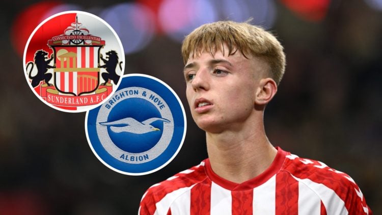 Sunderland player Tommy Watson, and inset, Sunderland badge and Brighton badge