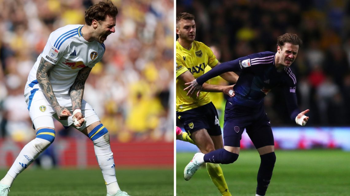 Left: Joe Rodon celebrates for Leeds United against Preston North End. Right: Joe Rodon competes for the ball for Leeds United against Oxford United