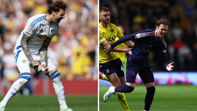 Left: Joe Rodon celebrates for Leeds United against Preston North End. Right: Joe Rodon competes for the ball for Leeds United against Oxford United