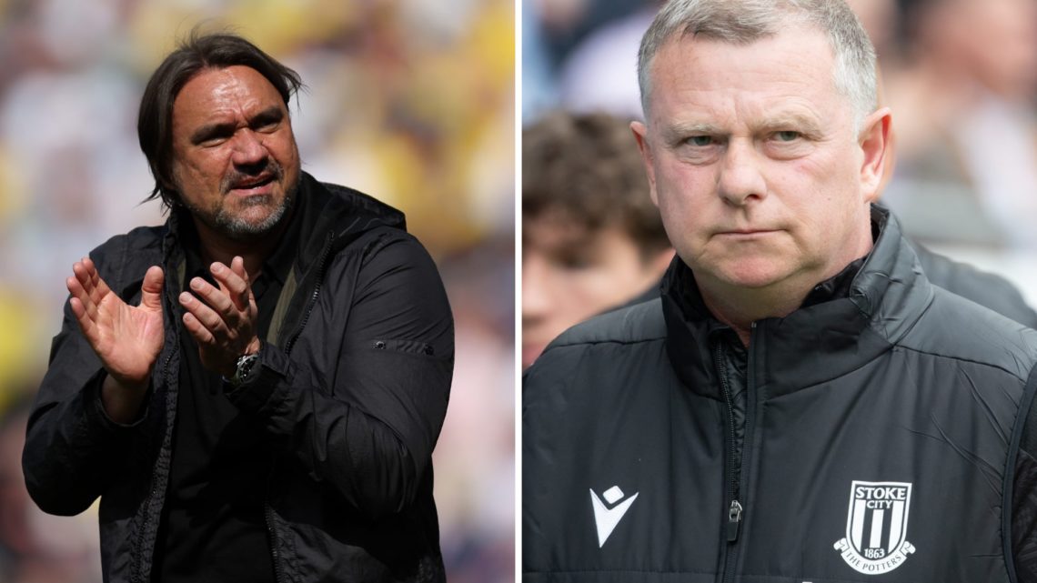 Daniel Farke [L] applauds the Leeds United fans, Stoke City manager Mark Robins [R] watches on from the touchline