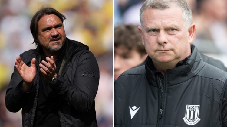 Daniel Farke [L] applauds the Leeds United fans, Stoke City manager Mark Robins [R] watches on from the touchline