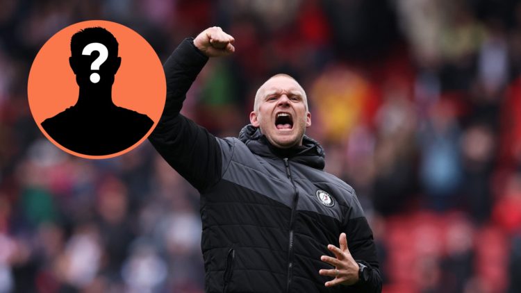 Bristol City boss Liam Manning celebrates a win against Sunderland, an inset of a mystery man