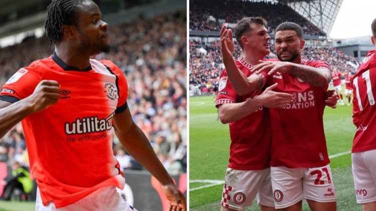 Luton Town celebrate scoring a goal, Bristol City players celebrate their winner against Sunderland
