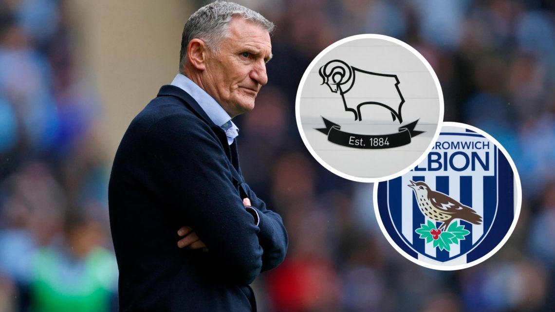 West Brom manager Tony Mowbray. Inset West Brom badge and Derby County badge.