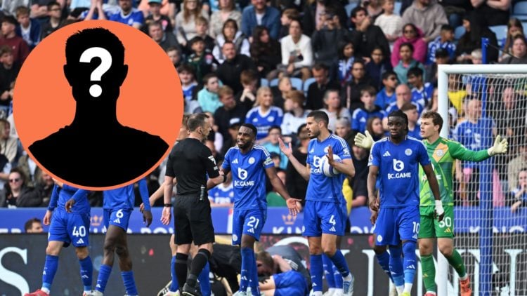 Leicester City players argue with the referee after Liverpool score, inset of a mystery man
