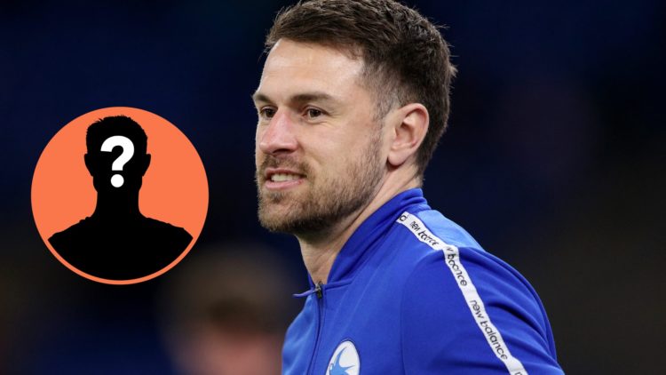 Cardiff City caretaker player/manager Aaron Ramsey warming up, an inset of a mystery man