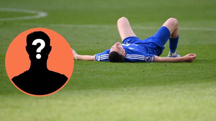 Leicester City's Bilal El Khannouss looks dejected after relegation is confirmed, inset of a mystery man
