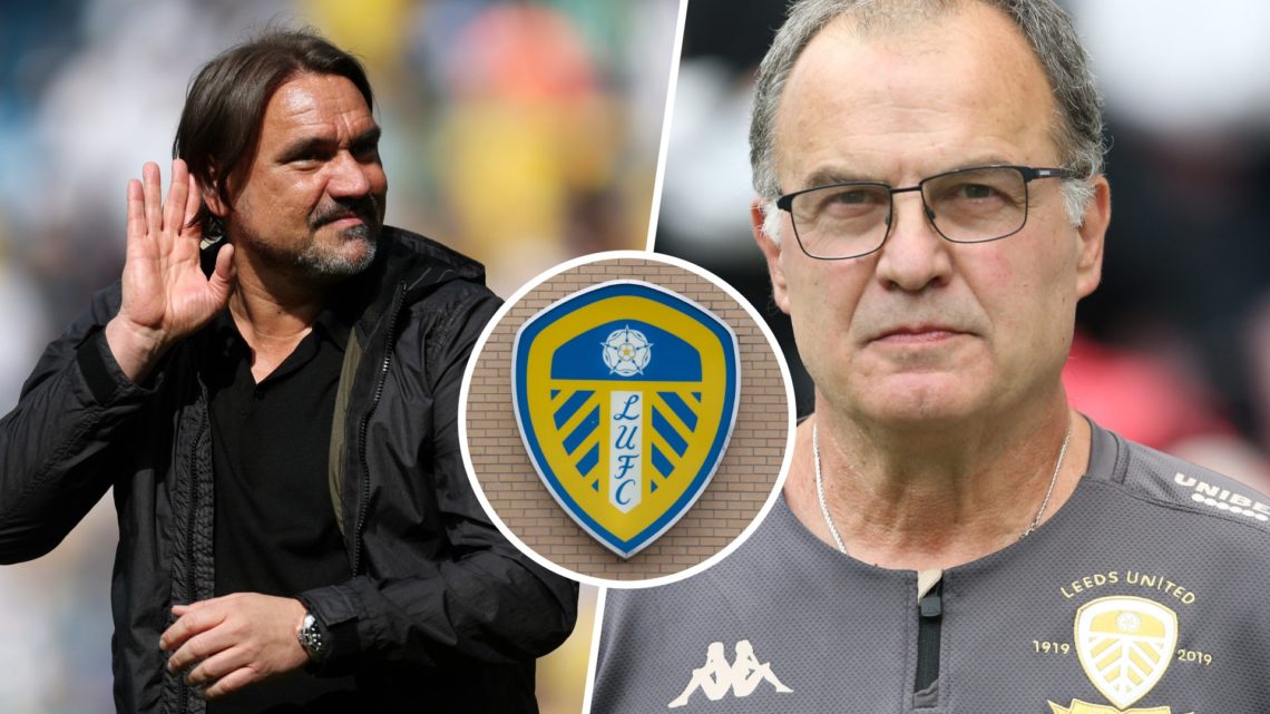 Leeds United coach Daniel Farke, Marcelo Bielsa and the Leeds United badge