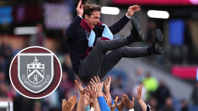 Burnley manager Scott Parker is thrown aloft by his players. Inset, Burnley badge.