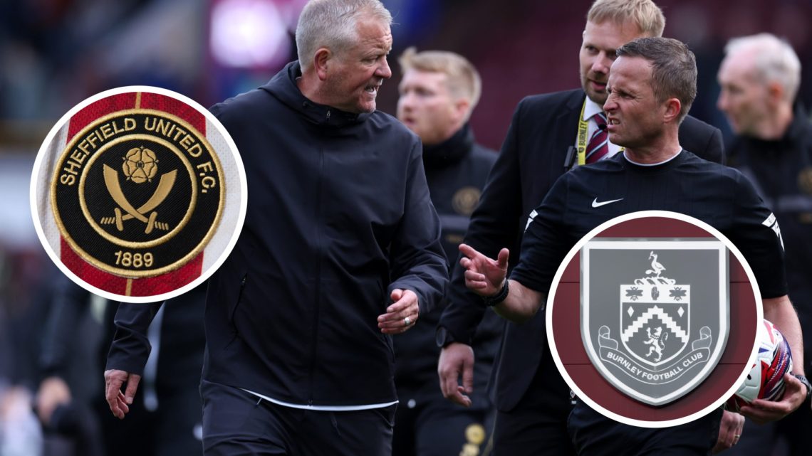 Sheffield United manager Chris Wilder speaks to a referee. Inset, Sheffield United badge and Burnley badge.