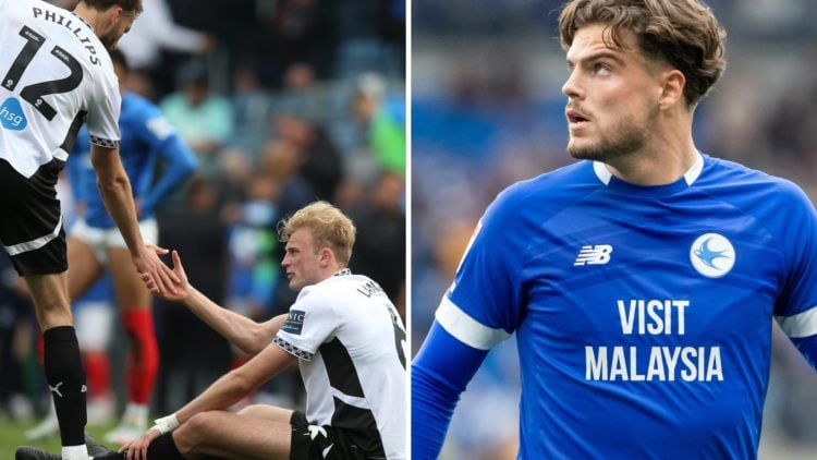 Nat Phillips and Sondre Langas [L] console each other after Derby County concede a late goal. Ollie Tanner [R] in action for Cardiff City during a ...