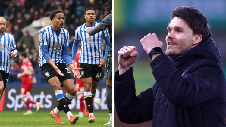 Sheffield Wednesday players congratulate Pierce Charles on a save, Danny Rohl celebrates a Sheffield Wednesday win