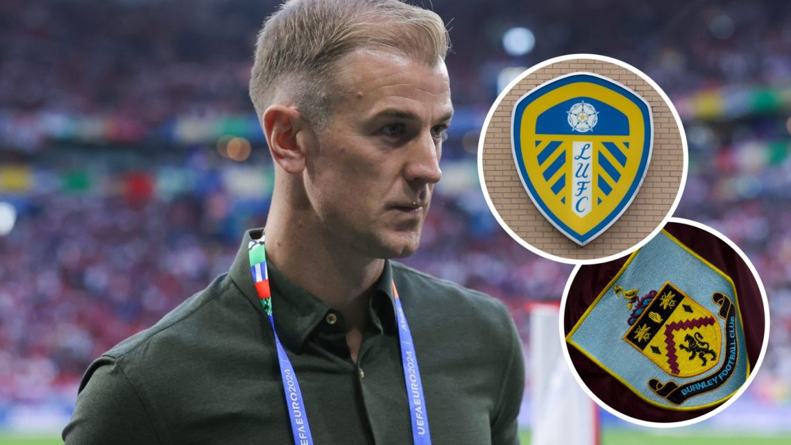 An image of Joe Hart with insets of Leeds and Burnley badges