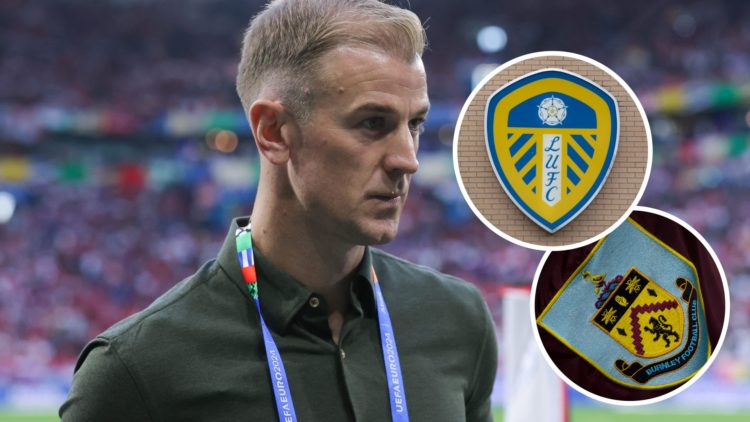 An image of Joe Hart with insets of Leeds and Burnley badges