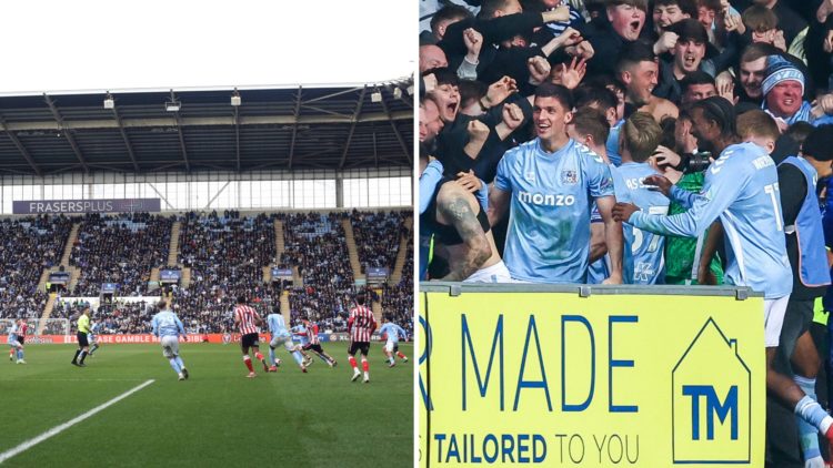 A general view of the Coventry Building Society Arena [L], Coventry City fans celebrate a last-minute win with the players against Portsmouth