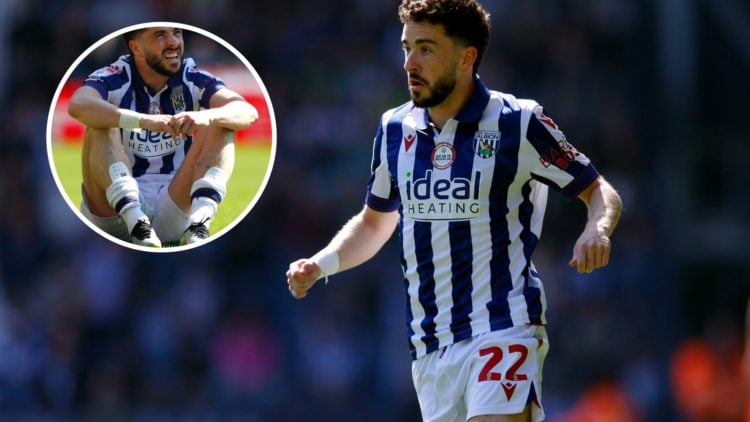 Mikey Johnston in action for West Brom during a Championship game, an inset of Mikey Johnston looking disappointed during a West Brom game