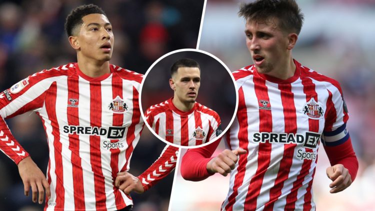 Sunderland players Enzo Le Fee, Jobe Bellingham and Dan Neil