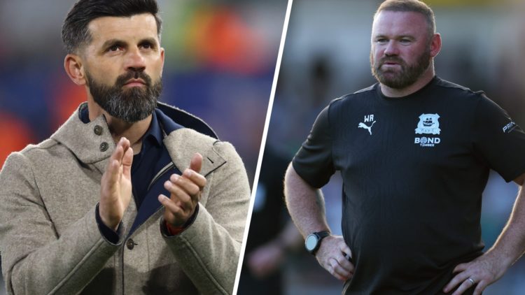 Plymouth Argyle manager Miron Muslic applauds the fans, Wayne Rooney watches on during Plymouth's pre-season