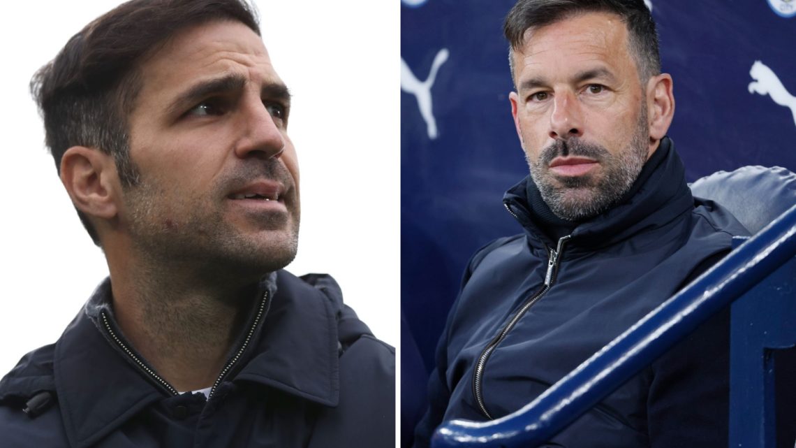 Como 1907 coach Cesc Fabregas looks on during the Serie A match between Como 1907 and Torino. Ruud van Nistelrooy, Manager of Leicester City on the...