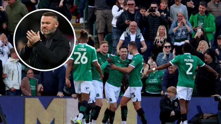 Plymouth Argyle players celebrate a goal against Coventry City, Wayne Rooney watches on from the touchline