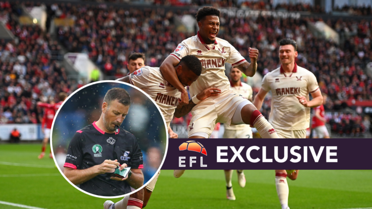 Sheffield United players celebrate a goal vs Bristol City. Inset, Mark Clattenburg. Overlaid, exclusive branding.