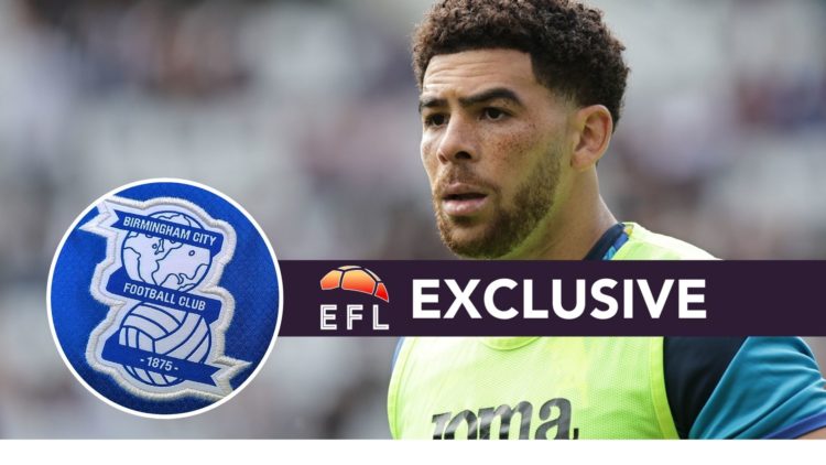 An image of Che Adams with an inset of the Birmingham City crest and exclusive banner.