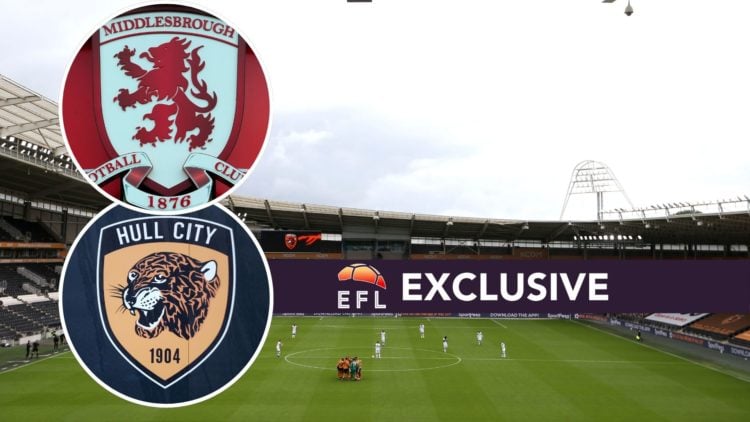 An image of the MKM Stadium with insets of the Middlesbrough and Hull City crest with an exclusive banner.