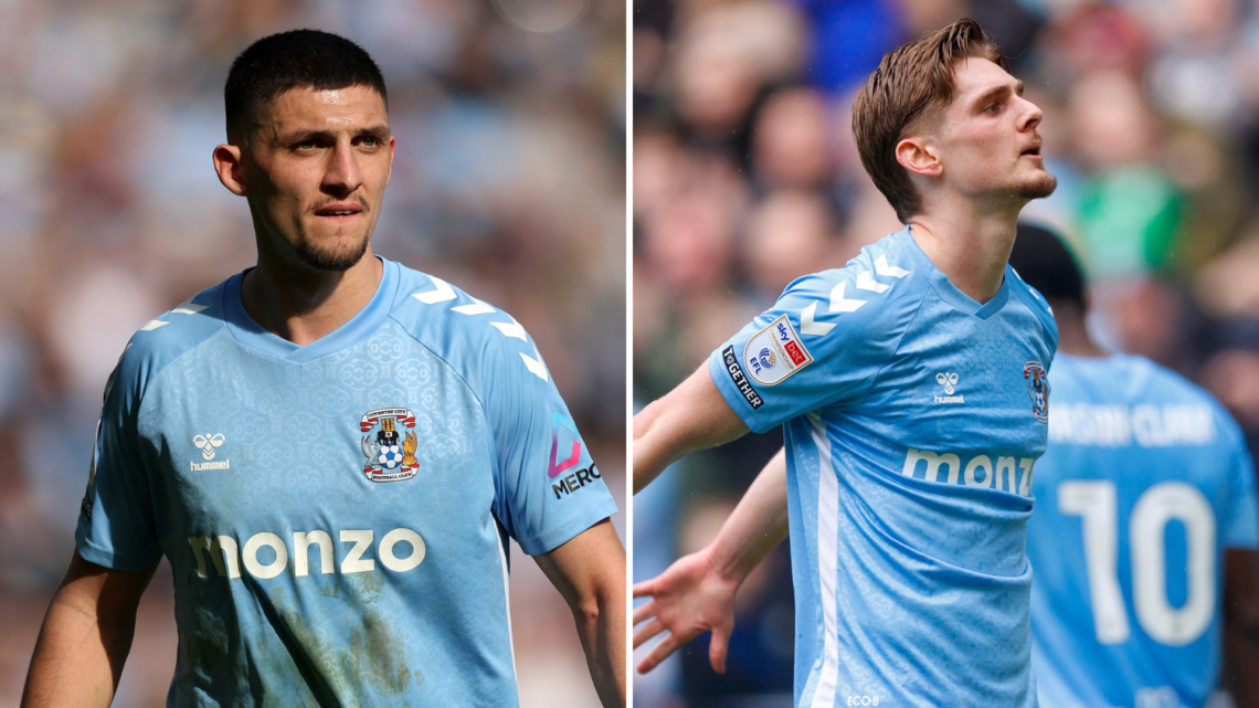 Bobby Thomas of Coventry City looks on (L), Jack Rudoni of Coventry City celebrates scoring a goal (R)