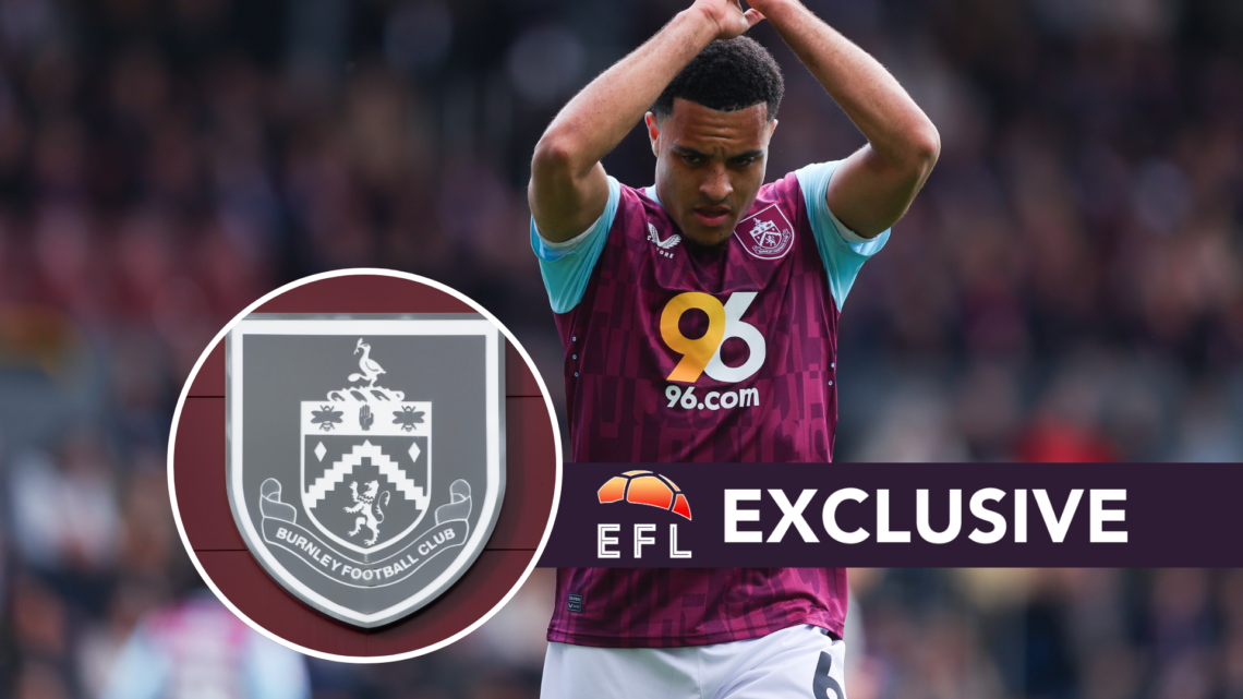 Burnley defender CJ Egan-Riley. Inset, Burnley badge. Overlaid, exclusive branding.