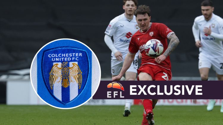 Morecambe player Callum Cooke. Inset, Colchester United badge. Overlaid, exclusive branding.