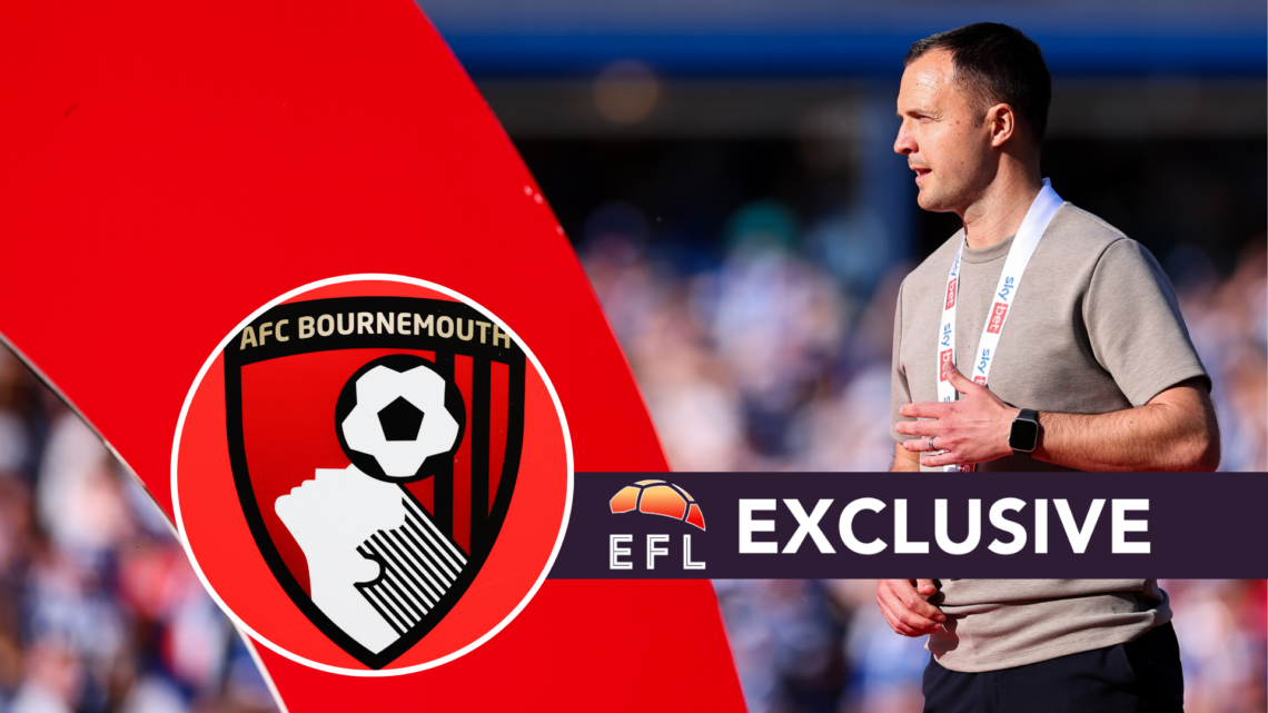 Birmingham City manager Chris Davies. Inset, Bournemouth badge. Overlaid, exclusive branding.