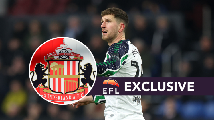 Sunderland defender Chris Mepham. Inset, Sunderland badge. Overlaid, exclusive branding.