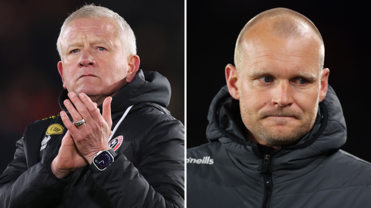 Liam Manning, Head Coach of Bristol City, looks on nervously (L), Chris Wilder, manager of Sheffield United, applauds the fans (R)