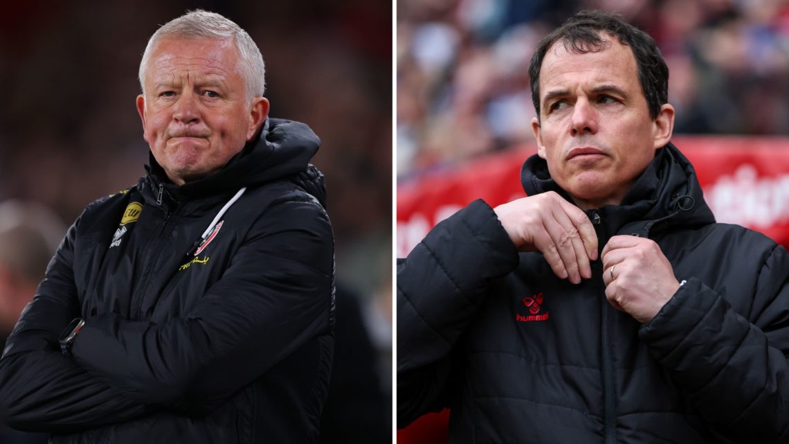 Chris Wilder, manager of Sheffield United, grimaces (L), Sunderland manager Regis Le Bris looks on (R)