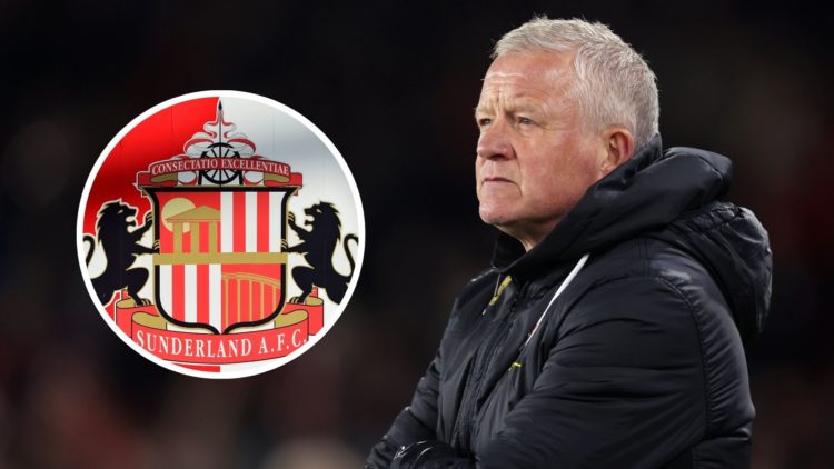 Chris Wilder, manager of Sheffield United, looks on, Inset, Sunderland AFC’s Club Badge