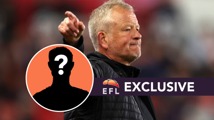 Sheffield United manager Chris Wilder. Inset, mystery player graphic. Overlaid, exclusive branding.