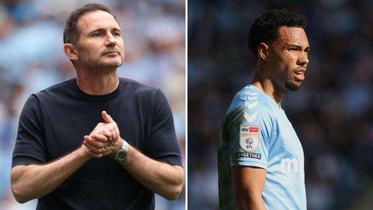 Frank Lampard, manager of Coventry City on the side line clasps his hands together (L), Coventry City's Milan van Ewijk looks on (R)