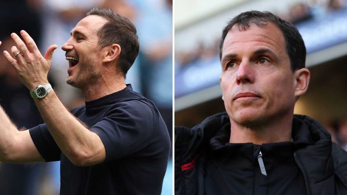Frank Lampard, Manager of Coventry City thanks the fans (L), Sunderland Manager Regis Le Bris looks on (R)