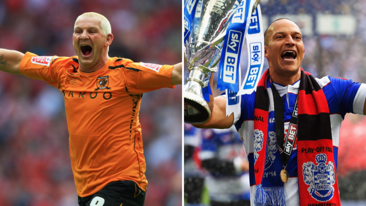 Dean Windass of Hull City celebrates victory (L), Match winning goalscorer Bobby Zamora celebrates (R)