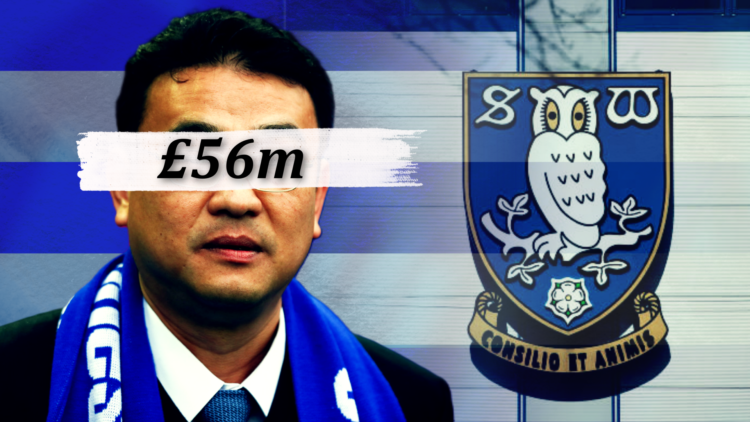 Composite image of Depjhon Chansiri on a blue-and-white striped background with '£56m' wordage over his eyes and Sheffield Wednesday badge in the b...
